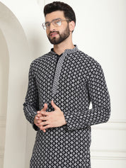 Men's Cotton Contrast Embroidered Sequinned Grey Long Kurta