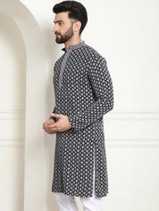 Men's Cotton Contrast Embroidered Sequinned Grey Long Kurta