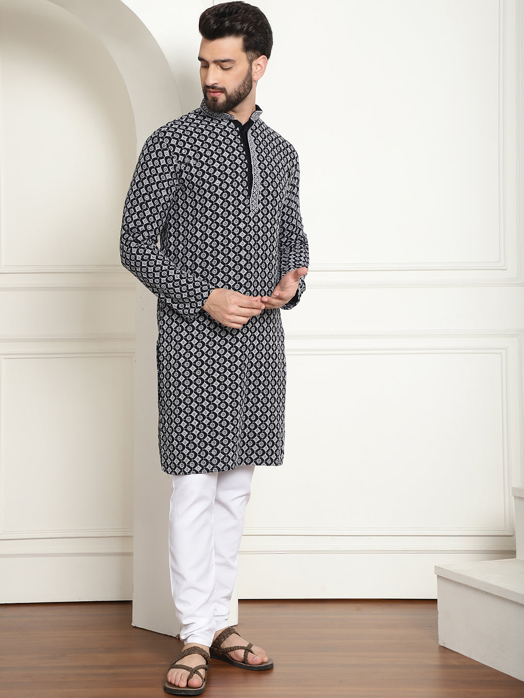 Men's Cotton Gold Embroidered Sequinned Grey Kurta With white churidar Pyjama