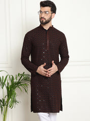 Men's Cotton Contrast Embroidered Sequinned Coffee Brown Long Kurta