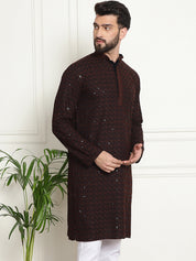 Men's Cotton Contrast Embroidered Sequinned Coffee Brown Long Kurta