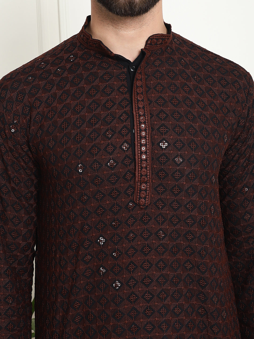 Men's Cotton Contrast Embroidered Sequinned Coffee Brown Long Kurta