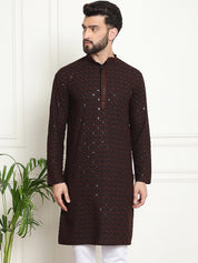 Men's Cotton Contrast Embroidered Sequinned Coffee Brown Long Kurta