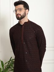 Men's Cotton Contrast Embroidered Sequinned Coffee Brown Long Kurta