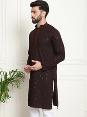 Men's Cotton Contrast Embroidered Sequinned Coffee Brown Long Kurta