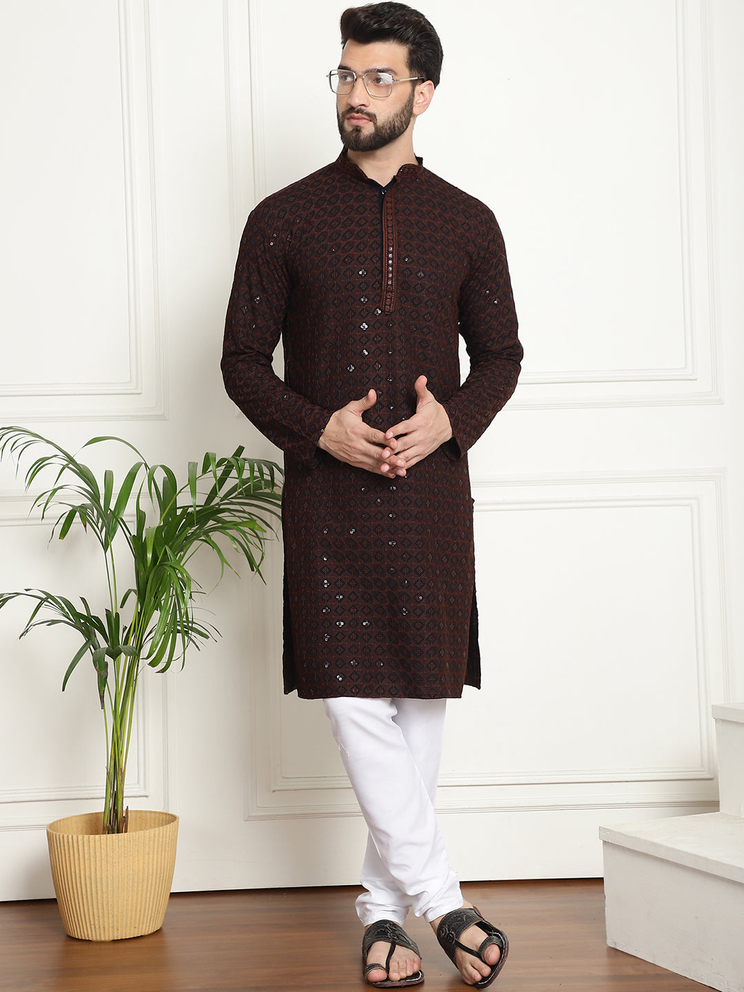 Men's Cotton Gold Embroidered Sequinned Brown Kurta With white churidar Pyjama