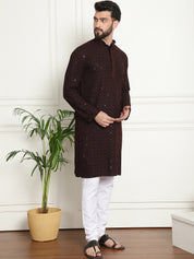 Men's Cotton Gold Embroidered Sequinned Brown Kurta With white churidar Pyjama