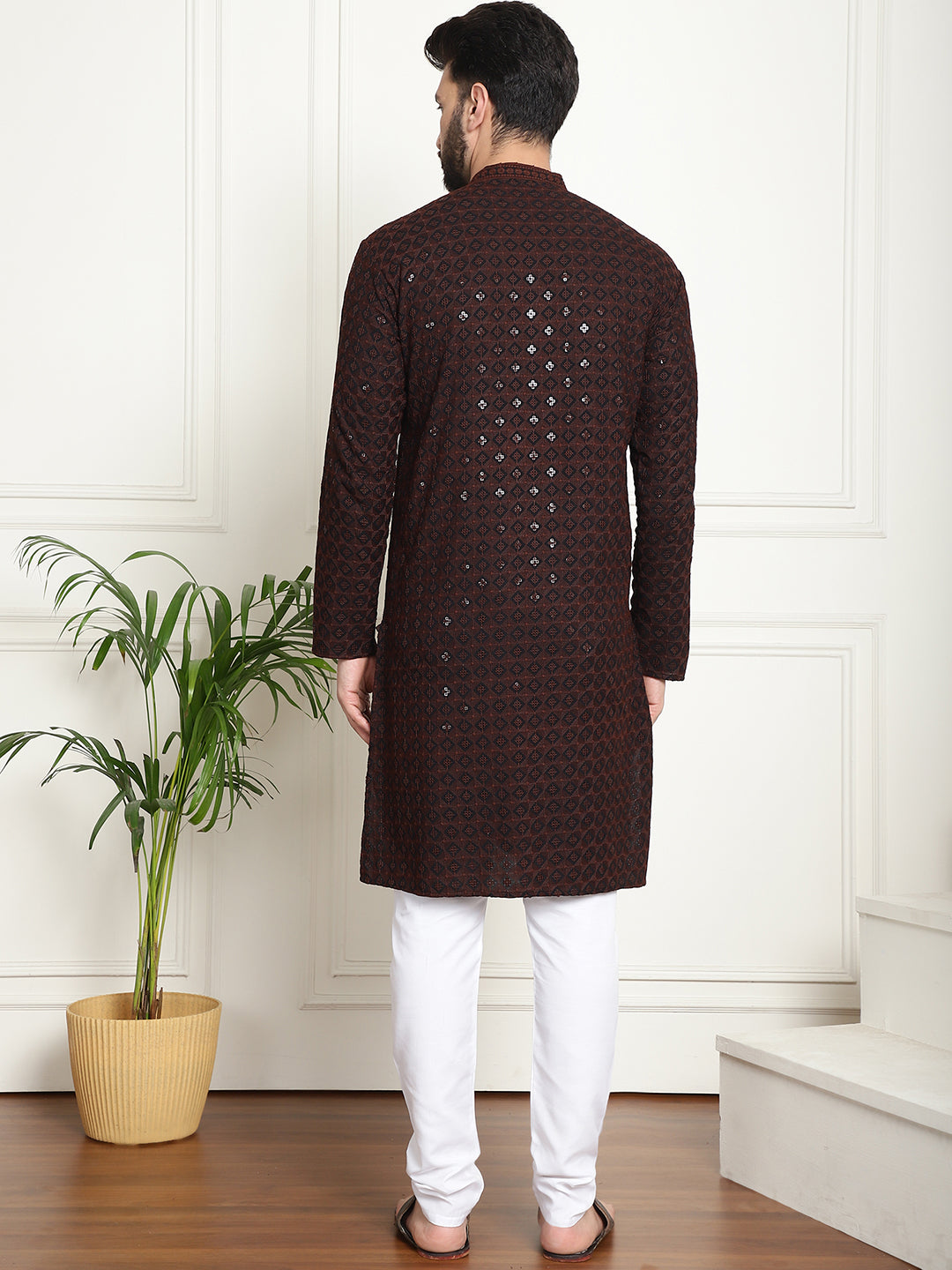 Men's Cotton Gold Embroidered Sequinned Brown Kurta With white churidar Pyjama