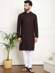 Men's Cotton Gold Embroidered Sequinned Brown Kurta With white churidar Pyjama