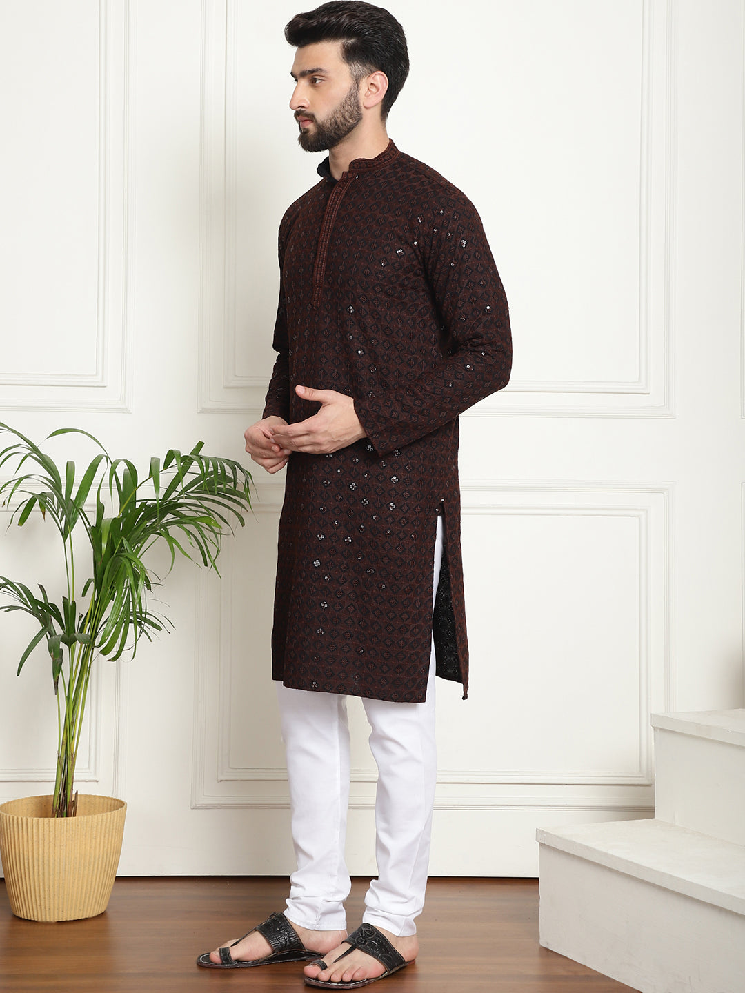 Men's Cotton Gold Embroidered Sequinned Brown Kurta With white churidar Pyjama