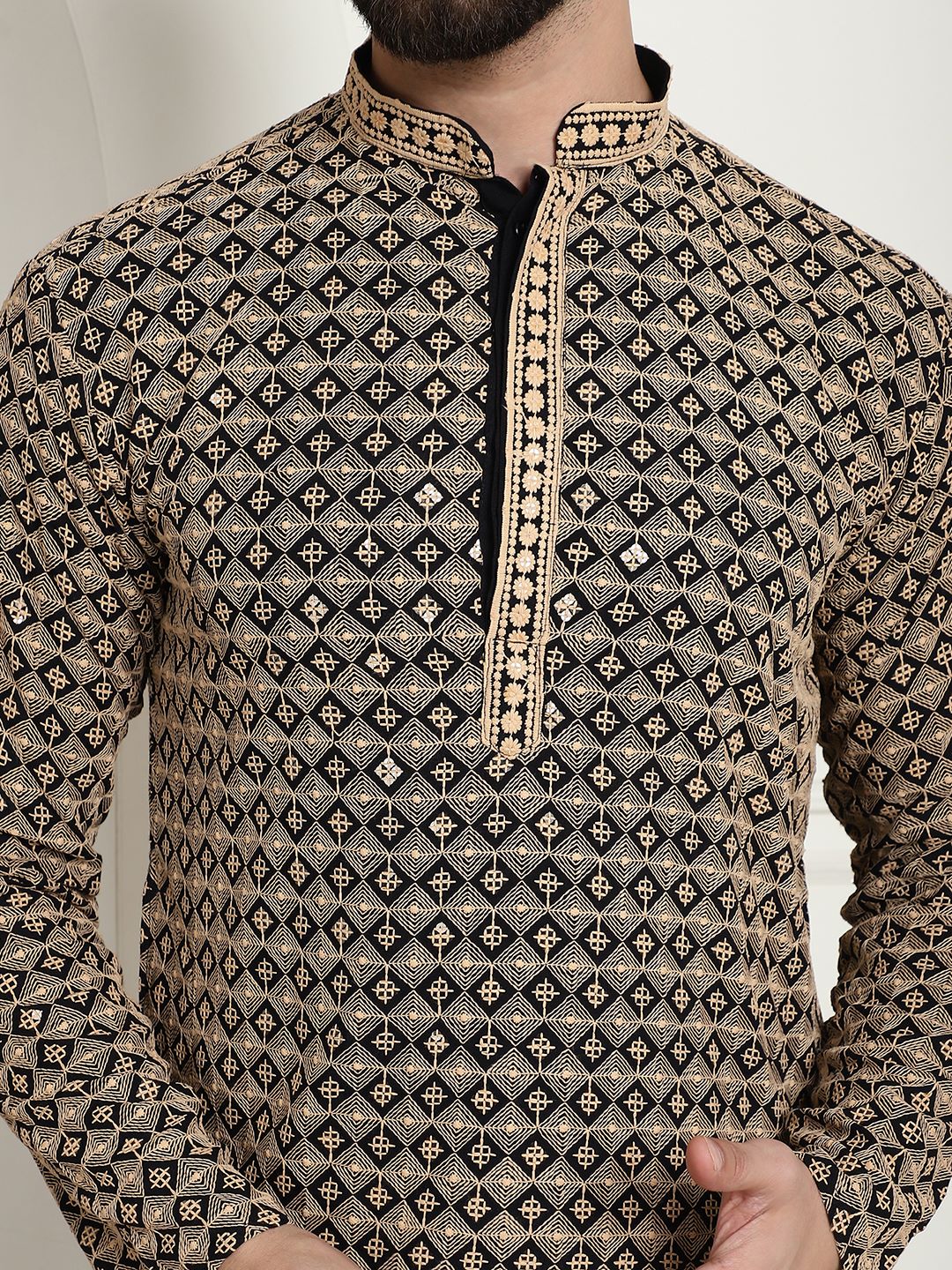 Men's Cotton Gold Embroidered Sequinned Gold Kurta With white churidar Pyjama