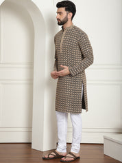 Men's Cotton Gold Embroidered Sequinned Gold Kurta With white churidar Pyjama