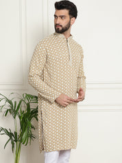 Men's Cotton Contrast Embroidered Sequinned Beige Long Kurta