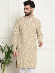 Men's Cotton Contrast Embroidered Sequinned Beige Long Kurta