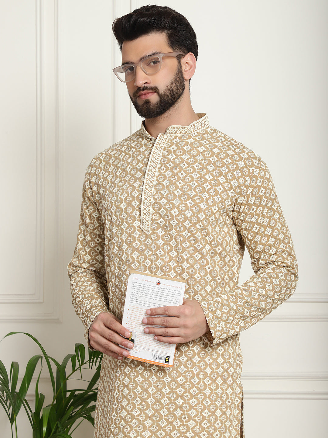 Men's Cotton Contrast Embroidered Sequinned Beige Long Kurta