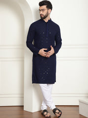 Men's Cotton Gold Embroidered Sequinned Navy Kurta With white churidar Pyjama