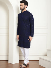 Men's Cotton Gold Embroidered Sequinned Navy Kurta With white churidar Pyjama