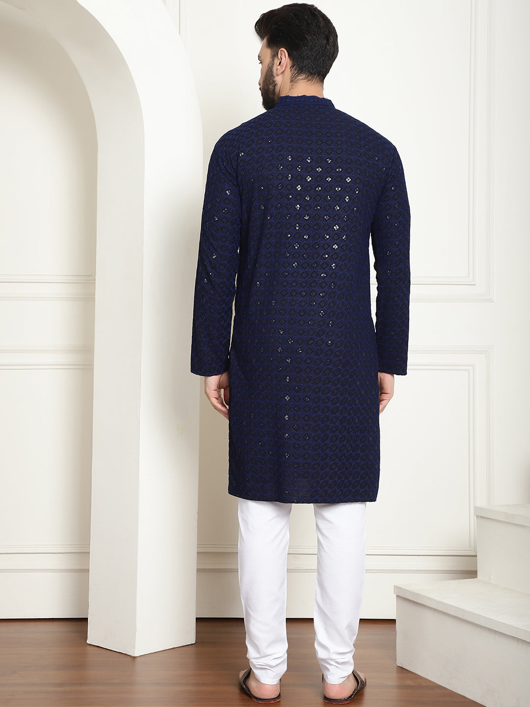 Men's Cotton Gold Embroidered Sequinned Navy Kurta With white churidar Pyjama