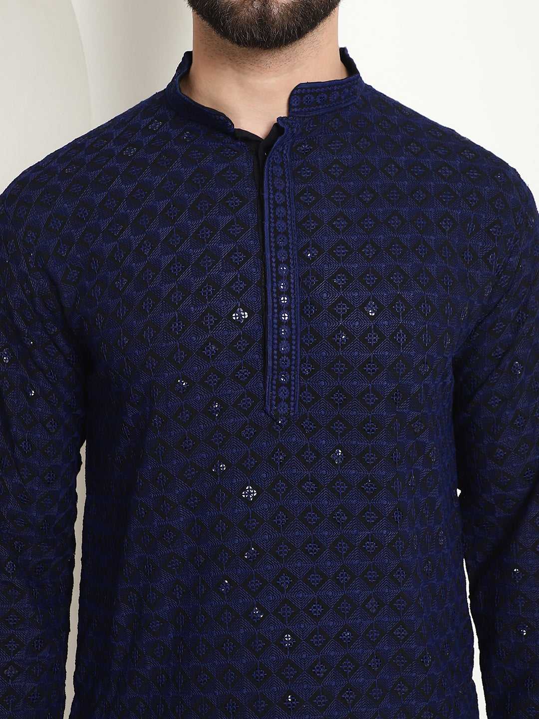 Men's Cotton Gold Embroidered Sequinned Navy Kurta With white churidar Pyjama