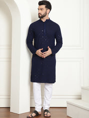 Men's Cotton Gold Embroidered Sequinned Navy Kurta With white churidar Pyjama