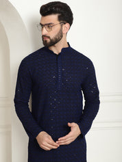 Men's Cotton Gold Embroidered Sequinned Navy Kurta With white churidar Pyjama