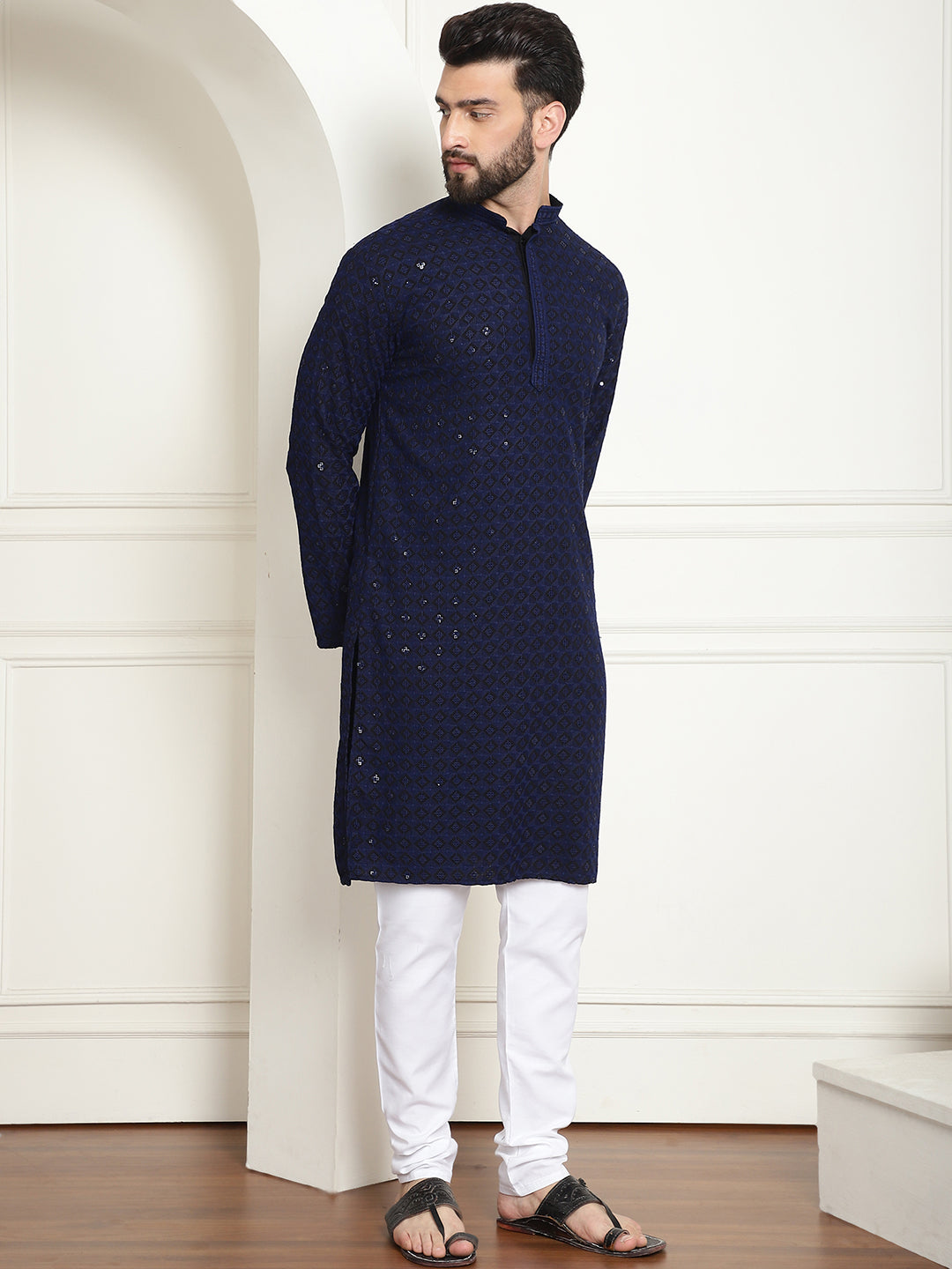 Men's Cotton Gold Embroidered Sequinned Navy Kurta With white churidar Pyjama