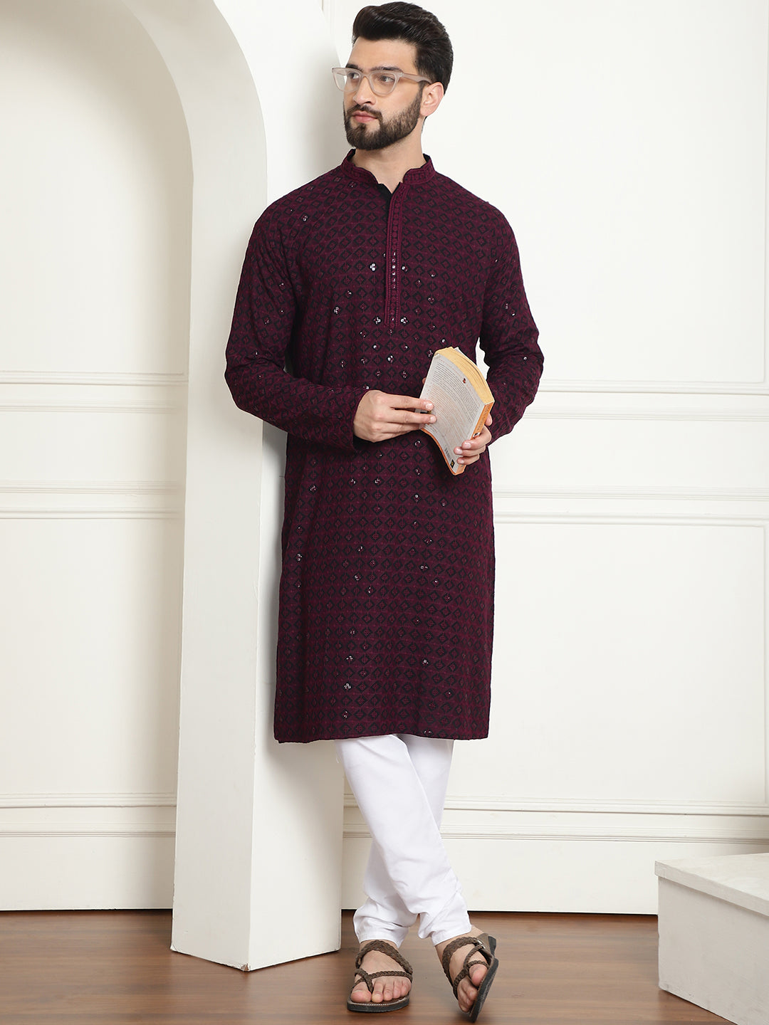 Men's Cotton Gold Embroidered Sequinned Purple Kurta With white churidar Pyjama