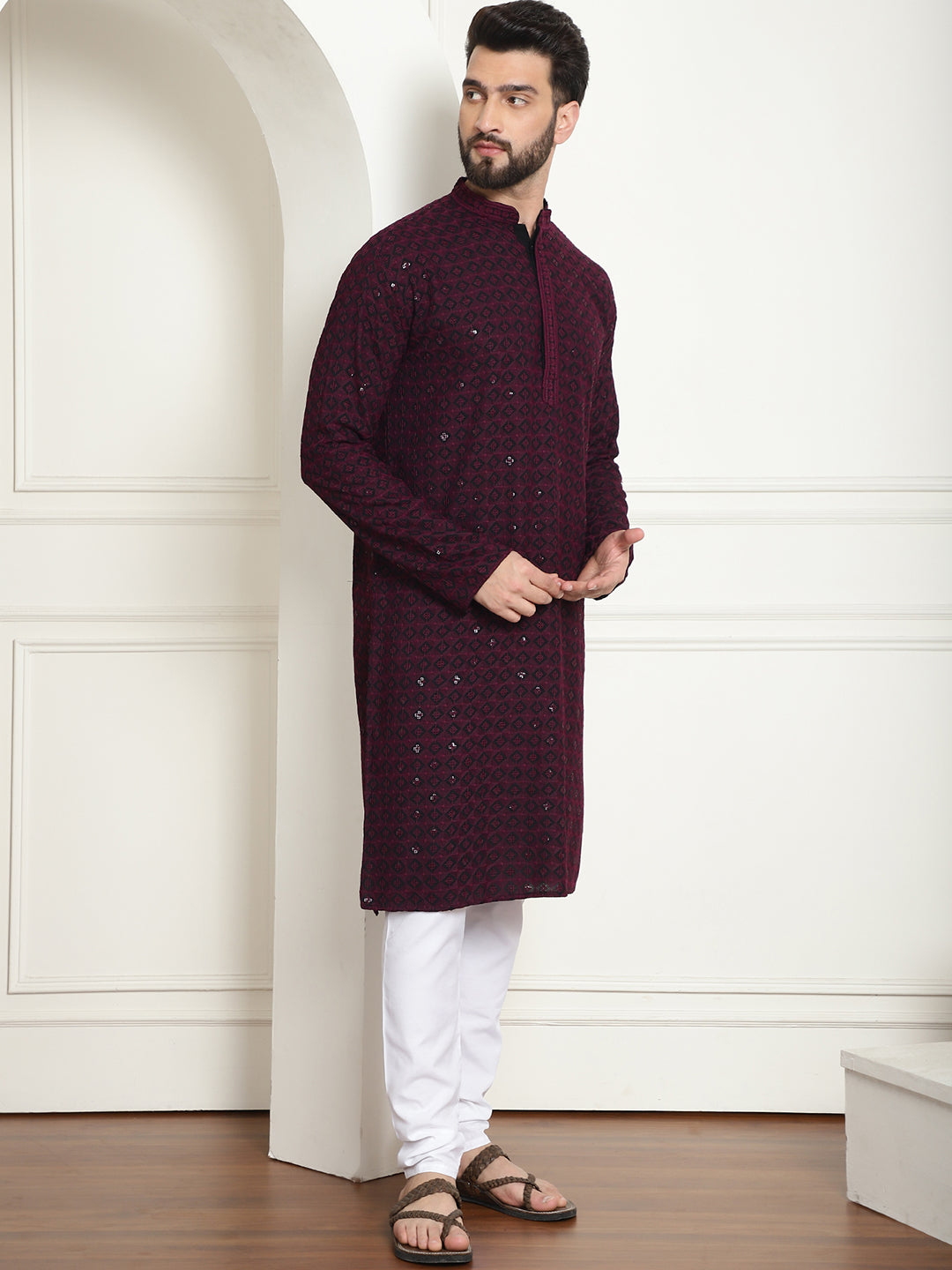 Men's Cotton Gold Embroidered Sequinned Purple Kurta With white churidar Pyjama