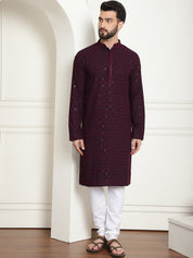 Men's Cotton Gold Embroidered Sequinned Purple Kurta With white churidar Pyjama