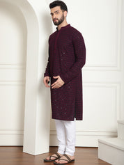 Men's Cotton Gold Embroidered Sequinned Purple Kurta With white churidar Pyjama