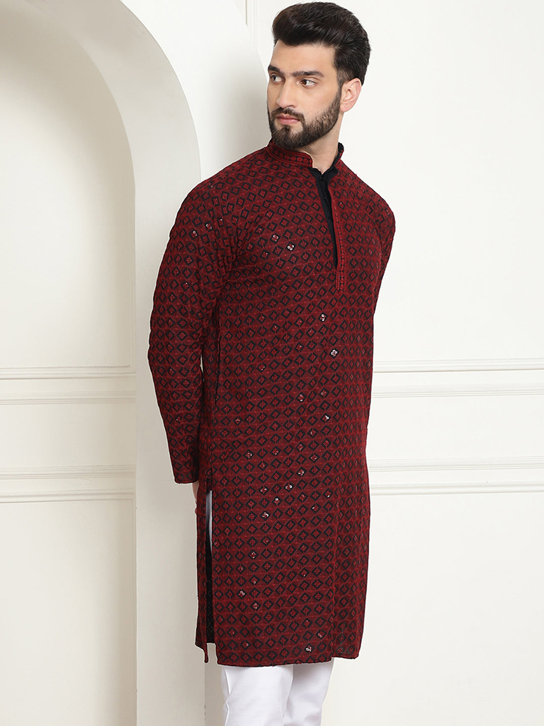 Men's Cotton Contrast Embroidered Sequinned Maroon Long Kurta