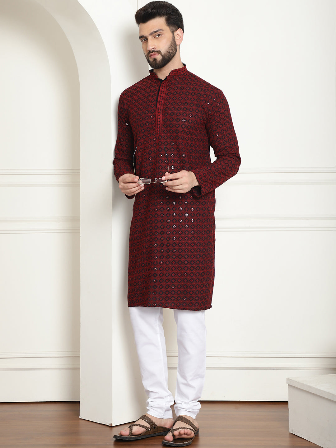 Men's Cotton Gold Embroidered Sequinned Maroon Kurta With white churidar Pyjama