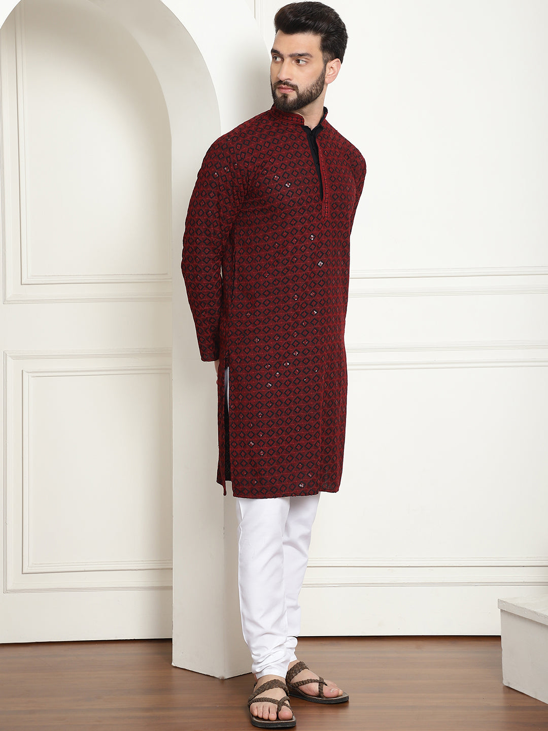 Men's Cotton Gold Embroidered Sequinned Maroon Kurta With white