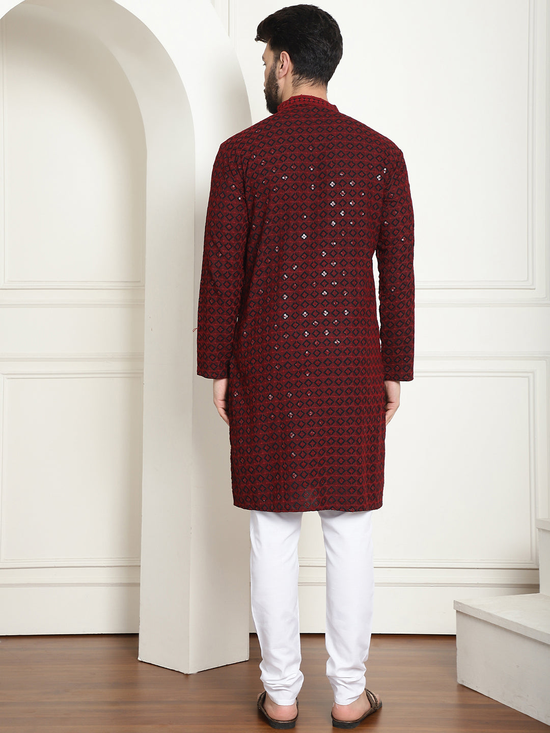 Men's Cotton Gold Embroidered Sequinned Maroon Kurta With white churidar Pyjama