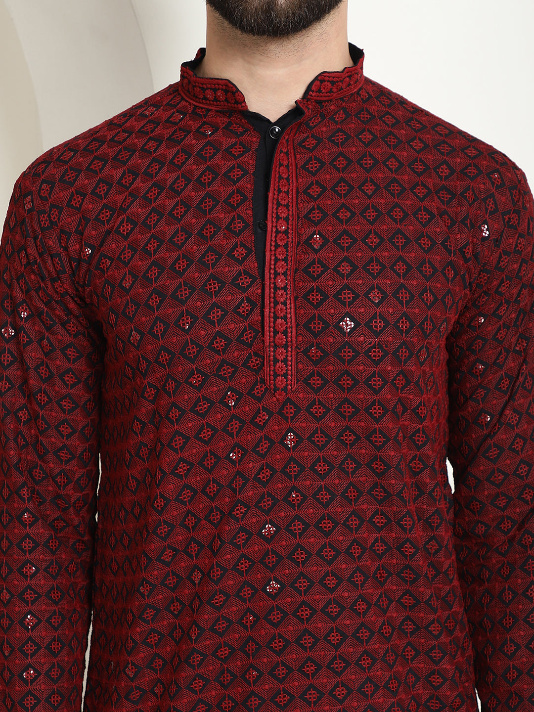 Men's Cotton Gold Embroidered Sequinned Maroon Kurta With white churidar Pyjama