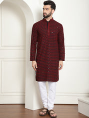 Men's Cotton Gold Embroidered Sequinned Maroon Kurta With white churidar Pyjama