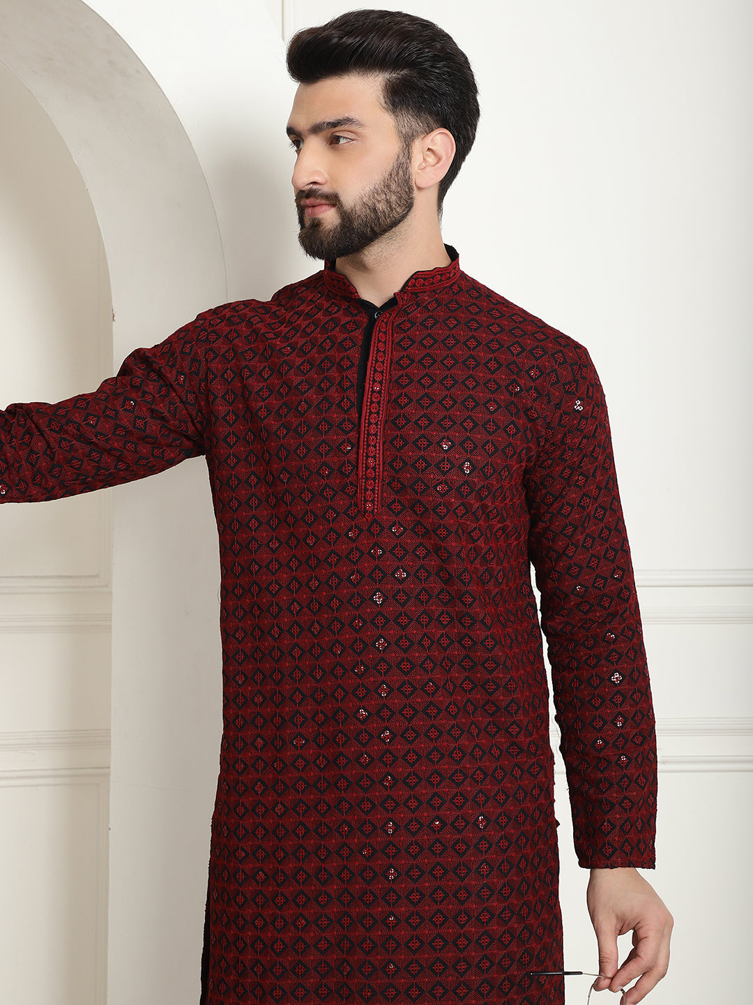 Men's Cotton Gold Embroidered Sequinned Maroon Kurta With white churidar Pyjama