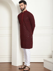 Men's Cotton Gold Embroidered Sequinned Maroon Kurta With white churidar Pyjama