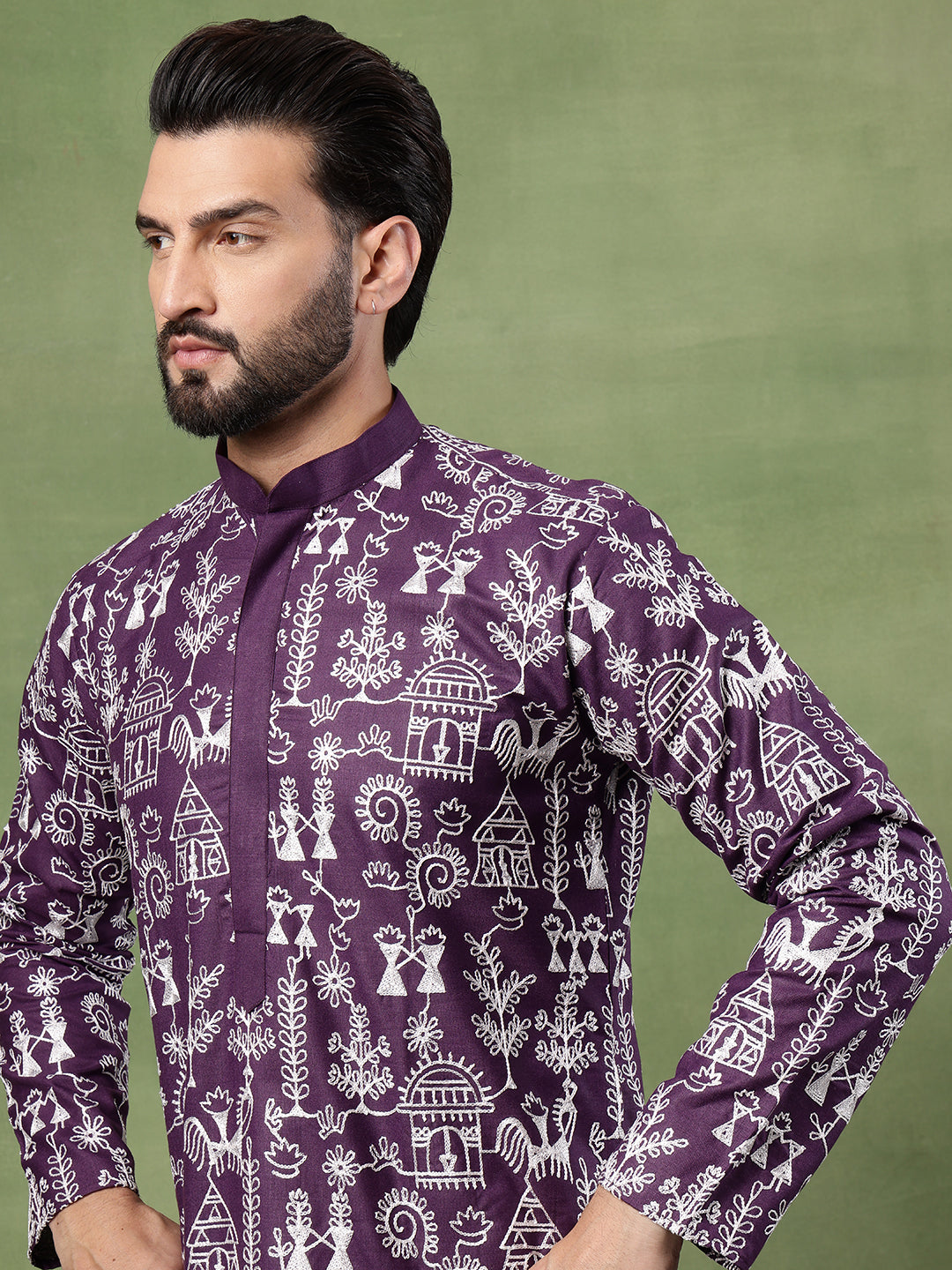 Men's Cotton Warli Embroidered Purple Long Kurta