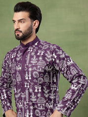Men's Cotton Warli Embroidered Purple Long Kurta
