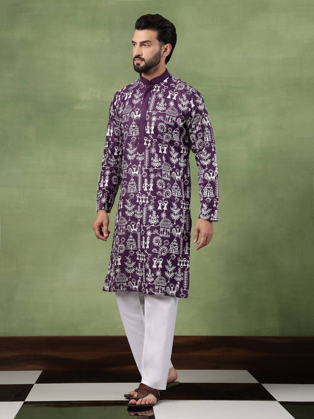 Men's Cotton Warli Embroidered Purple Long Kurta
