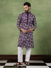 Men's Cotton Warli Embroidered Purple Long Kurta