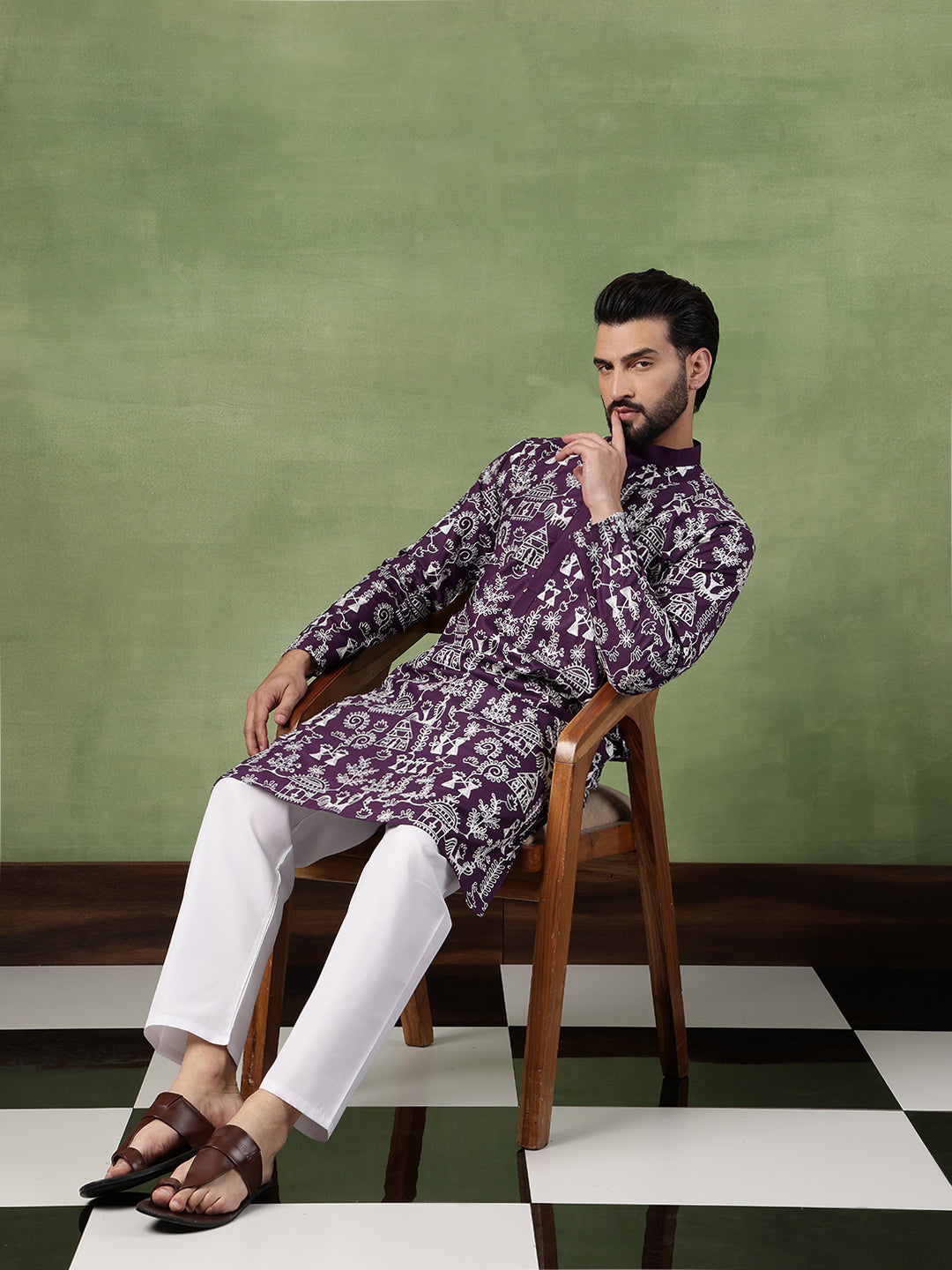 Men's Cotton Warli Embroidered Purple Long Kurta