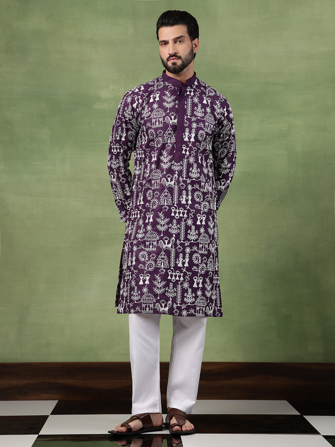 Men's Cotton Warli Embroidered Purple Long Kurta