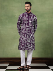 Men's Cotton Warli Embroidered Purple Long Kurta