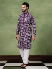 Men's Cotton Warli Embroidered Purple Kurta With White Pyjama