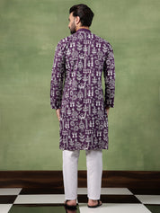 Men's Cotton Warli Embroidered Purple Kurta With White Pyjama