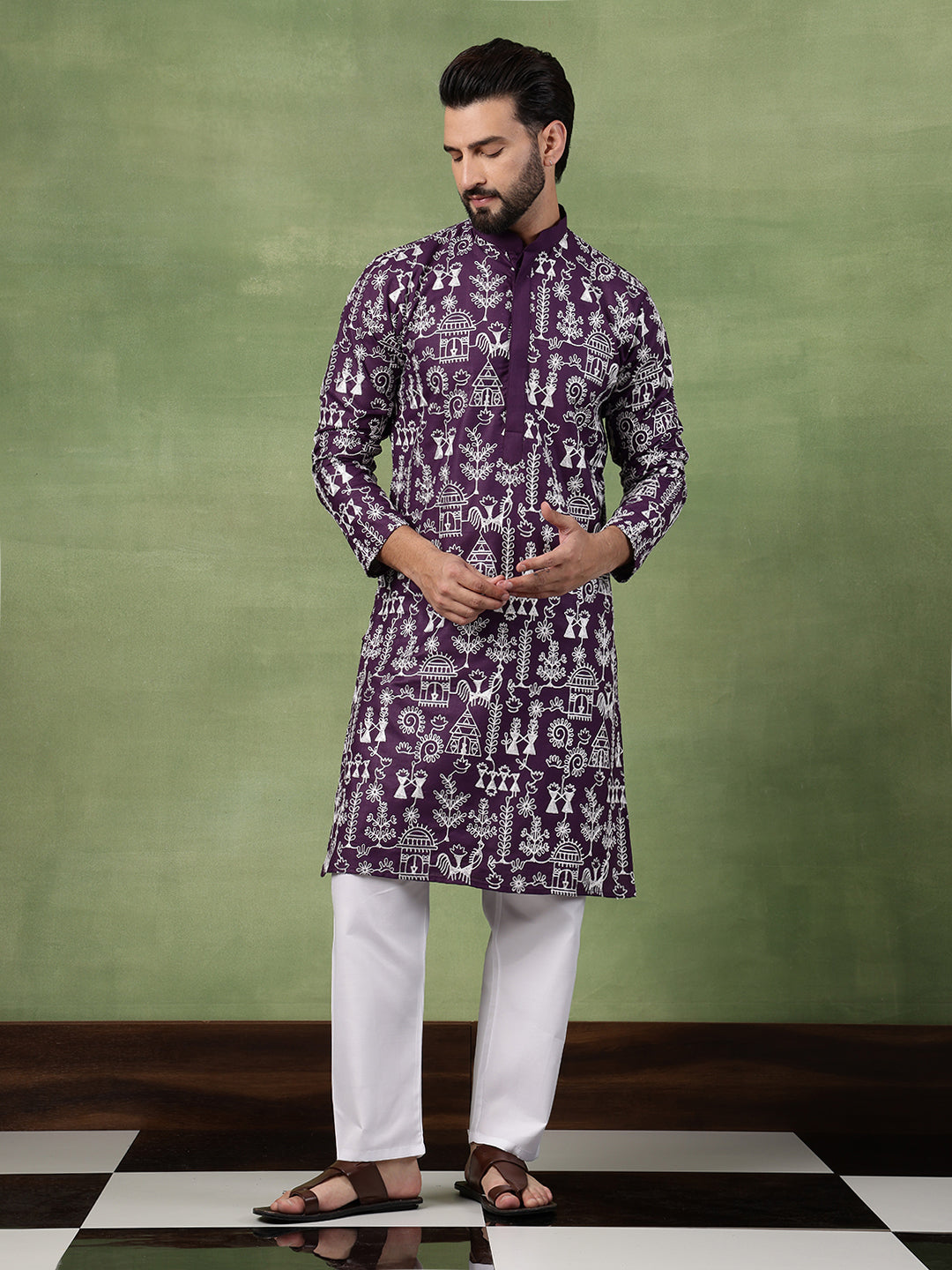 Men's Cotton Warli Embroidered Purple Kurta With White Pyjama