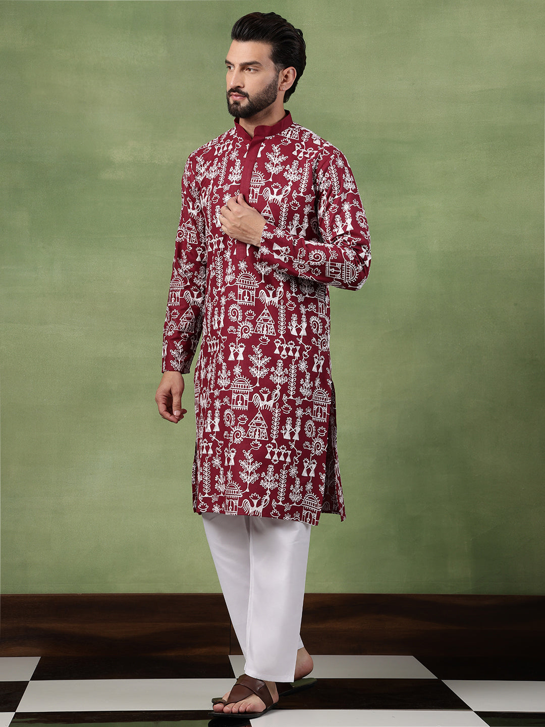 Men's Cotton Warli Embroidered Maroon Long Kurta