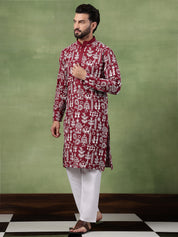 Men's Cotton Warli Embroidered Maroon Long Kurta